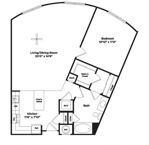 Floor plan for 1 bed, 1 bath, 986 sqft